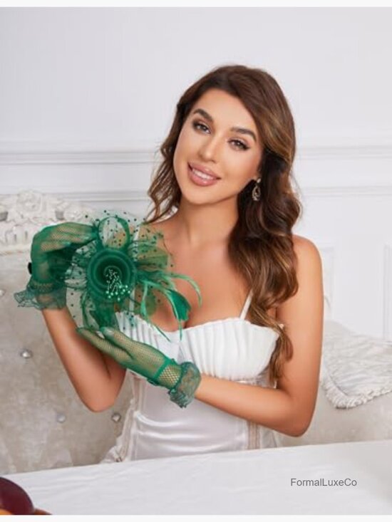 Fascinator Hat Clip and Lace Bowknot Gloves Set for Women